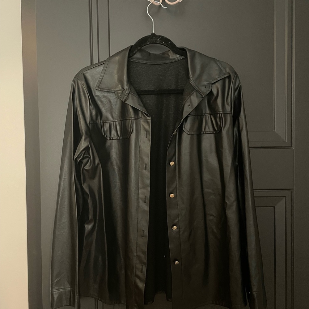 Black Faux Leather Button-Front Jacket